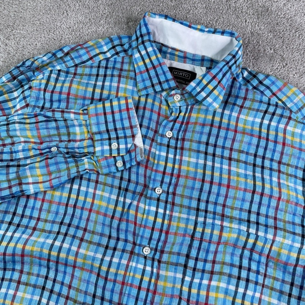 Mirto Shirt Mens XL Blue Checkered Linen Continental Fit Long Sleeve Button Up